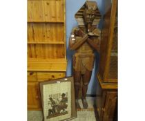 EGYPTIAN CARVED HAND MADE FIGURE TOGETHER WITH A FURTHER FRAMED EGYPTIAN PICTURE (2)