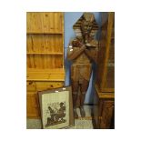 EGYPTIAN CARVED HAND MADE FIGURE TOGETHER WITH A FURTHER FRAMED EGYPTIAN PICTURE (2)