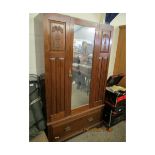 EDWARDIAN MAHOGANY SINGLE MIRRORED DOOR WARDROBE WITH CARVED PANELS AND FULL WIDTH DRAWER TO BASE