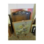 EMBROIDERED OAK FRAMED FIRE SCREEN, AN OAK FRAMED MIRROR AND A PICTURE