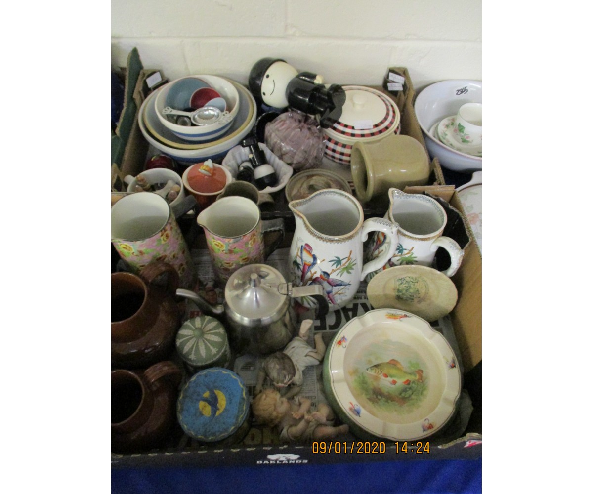 TWO BOXES CONTAINING VICTORIAN JUGS, PIANO TYPE DOLL, HOME PRIDE FIGURES ETC