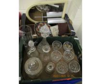 TWO BOXES OF GLASS DECANTERS, PLATES, MIRROR ETC