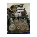 TWO BOXES OF GLASS DECANTERS, PLATES, MIRROR ETC