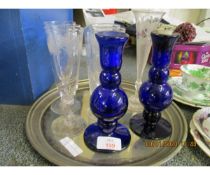 TRAY OF CHAMPAGNE FLUTES, PAIR OF BLUE GLASS CANDLESTICKS ETC