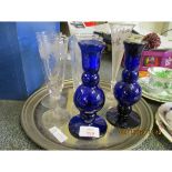 TRAY OF CHAMPAGNE FLUTES, PAIR OF BLUE GLASS CANDLESTICKS ETC