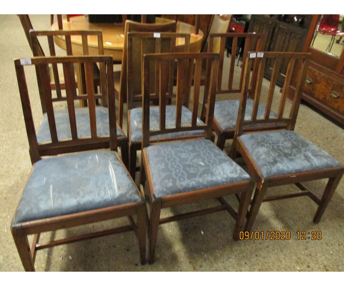 MAHOGANY FRAMED SET OF SIX DINING CHAIRS WITH SPLAT BACK AND BLUE UPHOLSTERED DROP IN SEATS (6)