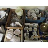 FOUR BOXES OF MIXED MODERN MUGS, GLASS WARES, PLATES ETC