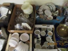 FOUR BOXES OF MIXED MODERN MUGS, GLASS WARES, PLATES ETC