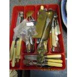 TRAY CONTAINING MIXED BONE HANDLED KNIVES, FORKS ETC
