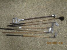 GROUP OF HICKORY SHAFTED GOLF CLUBS AND SHOOTING STICK