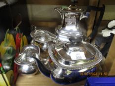 SILVER PLATED FOUR PIECE TEA SET WITH EBONISED HANDLE