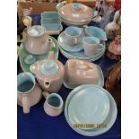 LARGE QUANTITY OF POOLE MUSHROOM AND TURQUOISE DECORATED PART TEA/DINNER WARES