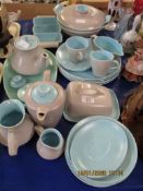 LARGE QUANTITY OF POOLE MUSHROOM AND TURQUOISE DECORATED PART TEA/DINNER WARES