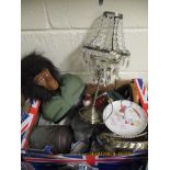 BOX CONTAINING A CARVED HEAD OF A MONKEY, CARVED PIG ORNAMENT, LIGHT ETC