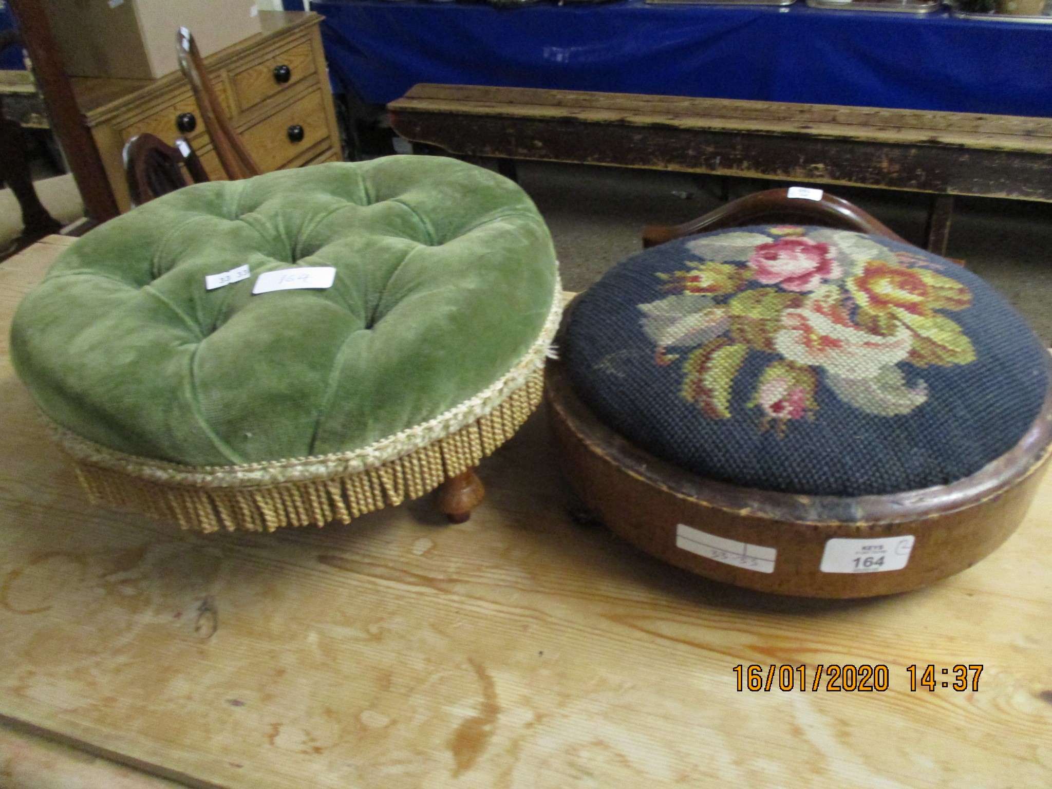 VICTORIAN EMBROIDERED TOP STOOL AND A FURTHER GREEN DRALON UPHOLSTERED CIRCULAR STOOL (2)