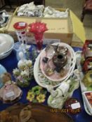 TRAY OF MIXED CONTINENTAL FIGURES, BOWL, CLOISONNE BOWL, CRANBERRY CRIMPED EDGE VASE, OVERLAID