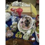 TRAY OF MIXED CONTINENTAL FIGURES, BOWL, CLOISONNE BOWL, CRANBERRY CRIMPED EDGE VASE, OVERLAID