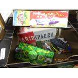 BOX CONTAINING MIXED CHINESE MADE TIN PLATE ROCKET RACER, MIXED TIN PLATE TOYS, AEROPLANES ETC