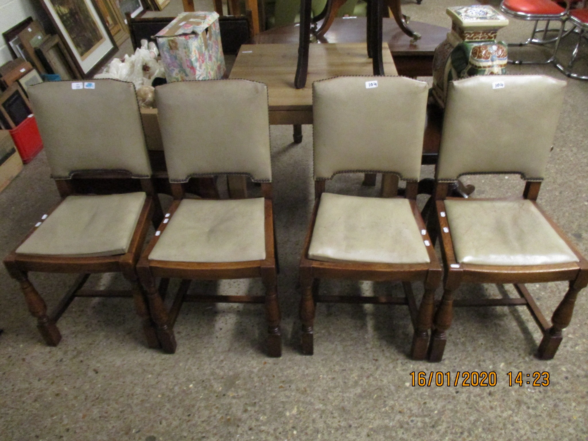 GREY REXINE SET OF FOUR DINING CHAIRS WITH OAK FRAMES AND DROP IN SEATS