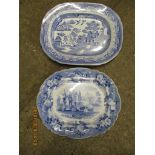 TWO 19TH CENTURY BLUE AND WHITE MEAT PLATES TO INCLUDE A WILLOW PATTERN MEAT PLATE