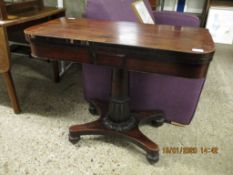 19TH CENTURY ROSEWOOD FOLD-OVER CARD TABLE WITH TURNED COLUMN ON A SPLAYED QUATREFOIL BASE