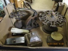 BOX CONTAINING MIXED CAST IRON STANDS, A FURTHER PRESS, INKWELL ETC