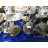 MIXED LOT OF SILVER PLATED TEA POTS, BASKETS, PEWTER TEA POTS ETC