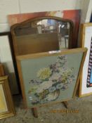 EMBROIDERED OAK FRAMED FIRE SCREEN, AN OAK FRAMED MIRROR AND A PICTURE