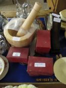 MIXED LOT CONTAINING BOXED LLOYD MONEY BOXES, FOUR PIECE SILVER PLATED CRUET ETC