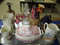 GLASS DECANTER, DOULTON VASES, FOUR SMALL CRANBERRY BOWLED WINE GLASSES ETC
