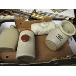 BOX CONTAINING FOUR STONEWARE HOT WATER BOTTLES