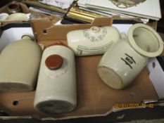 BOX CONTAINING FOUR STONEWARE HOT WATER BOTTLES