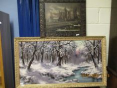 GOOD QUALITY OIL ON CANVAS OF A RIVER SNOWSCAPE TOGETHER WITH A FURTHER FRAMED OIL OF SHIPS AT