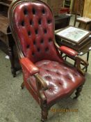 19TH CENTURY MAHOGANY ARMCHAIR WITH RED LEATHER UPHOLSTERY WITH BUTTON SEAT AND BACK AND SCROLL