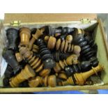 BOX OF TREEN CHESS PIECES