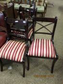 SET OF FOUR REPRODUCTION MAHOGANY REGENCY DINING CHAIRS WITH X-FRAME BACKS AND SABRE FRONT LEGS WITH