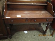 VICTORIAN MAHOGANY SIDE TABLE WITH TWO DRAWERS WITH OPEN SHELF WITH TURNED KNOB HANDLES