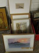 BOX OF MIXED PICTURES, PRINTS, WATERCOLOURS ETC