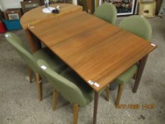 MODERN EXTENDING DINING TABLE TOGETHER WITH FOUR GREEN UPHOLSTERED HORSESHOE BACKED DINING CHAIRS