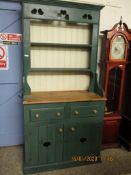 PAINTED PINE KITCHEN DRESSER, THE TOP FITTED WITH TWO FIXED WITH PANELLED BACK, THE BASE WITH TWO