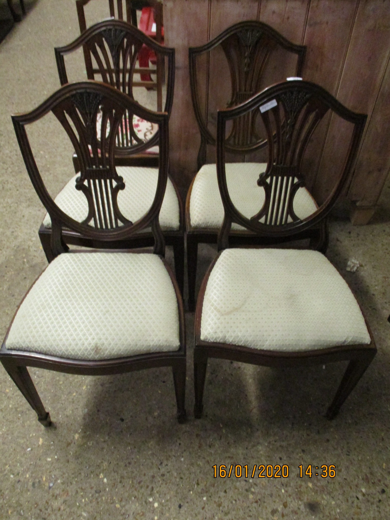 SET OF FOUR REPRODUCTION MAHOGANY SHIELD BACK DINING CHAIRS WITH TAPERING SQUARE SPADE FEET AND DROP