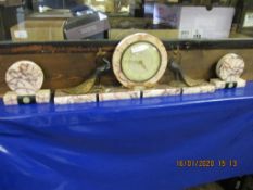 ART DECO TOSCA MARBLE CLOCK GARNITURE WITH CIRCULAR DIAL, MOUNTED EITHER SIDE WITH PEWTER