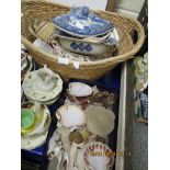 BOX CONTAINING MIXED SHELLS, BASKET OF BLUE AND WHITE TUREEN ETC