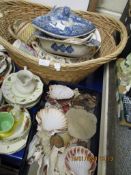 BOX CONTAINING MIXED SHELLS, BASKET OF BLUE AND WHITE TUREEN ETC