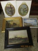 PAIR OF WHITE PAINTED OVAL PICTURES, OIL ON BOARD, 19TH CENTURY GILT FRAMED OIL OF A FARM TRACK ETC