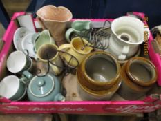 BOX TO INCLUDE MIXED STONEWARE CONTAINERS, JARS, TEA POT ETC