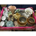 BOX TO INCLUDE MIXED STONEWARE CONTAINERS, JARS, TEA POT ETC