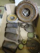 BOX CONTAINING DISMANTLED BAROMETER, MIXED CLOCK WEIGHTS ETC