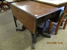 19TH CENTURY MAHOGANY PEDESTAL PEMBROKE TABLE WITH SQUARE CANTED COLUMN ON A SPLAYED QUATREFOIL BASE