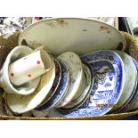 WICKER BASKET CONTAINING PLATES, WILLOW PATTERN ETC